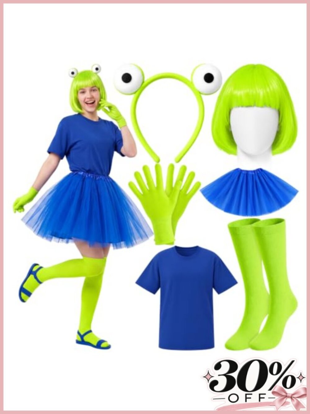 Women's Alien Costume Set Cosplay Tutu Wig Socks Tee 6 Pc